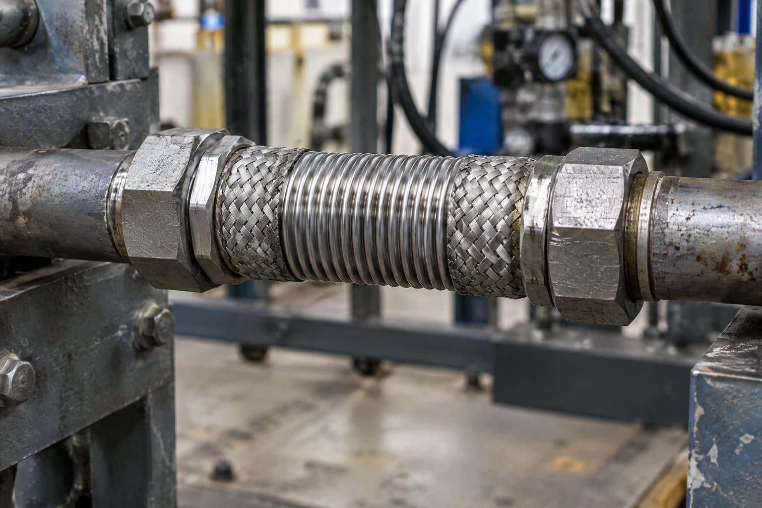 A double-braided high-pressure metal hose with heavy forged end fittings installed on a test rig