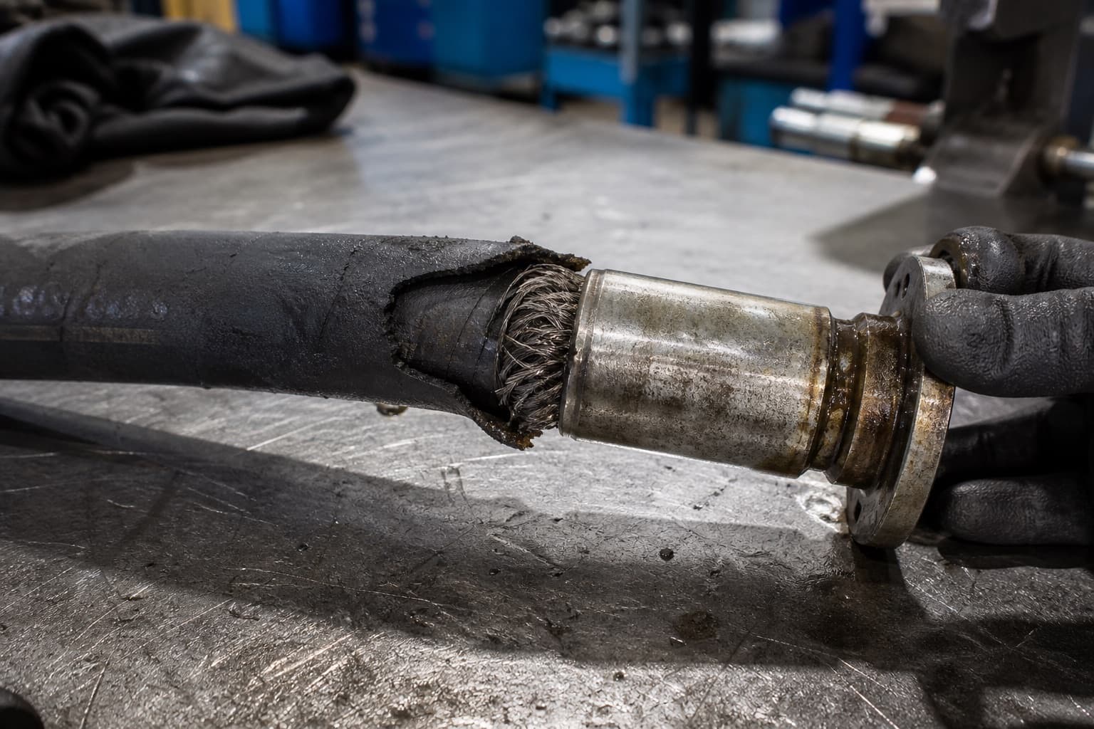 A failed hydraulic hose split open where it enters its crimped steel ferrule, frayed reinforcement wire fanned out at the break