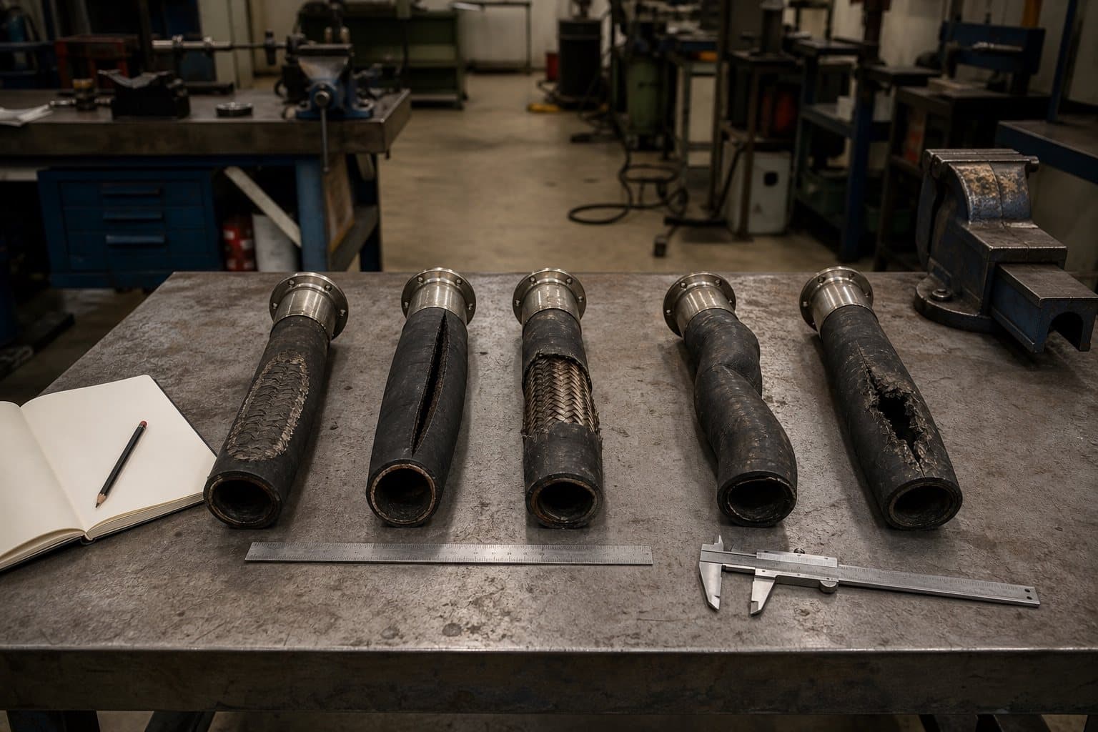 Five cut sections of failed hydraulic hose laid in a row on a workbench beside a steel rule and calipers, each showing a different kind of damage