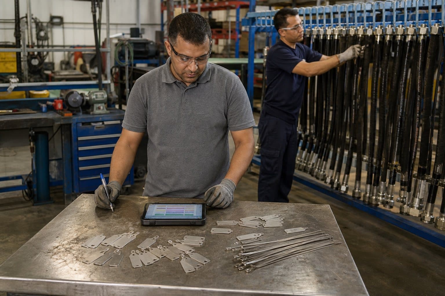 A maintenance planner recording hose details at a bench of stainless identification tags, with tagged assemblies on a rack behind