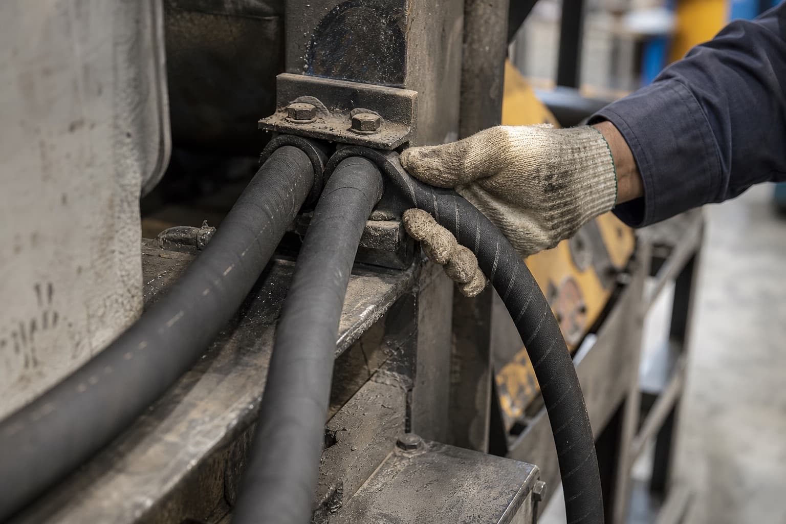 A gloved hand easing a hydraulic hose out of a tight bend at a clamp block, beside a second hose routed in a wide sweep