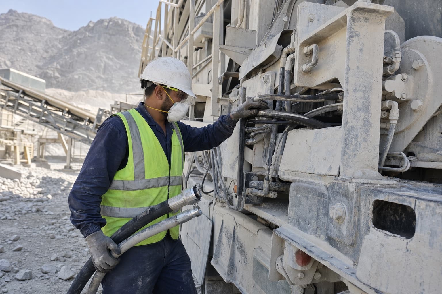 A service technician working on the hydraulic lines of a crusher at a dust-covered quarry plant in the Northern Emirates