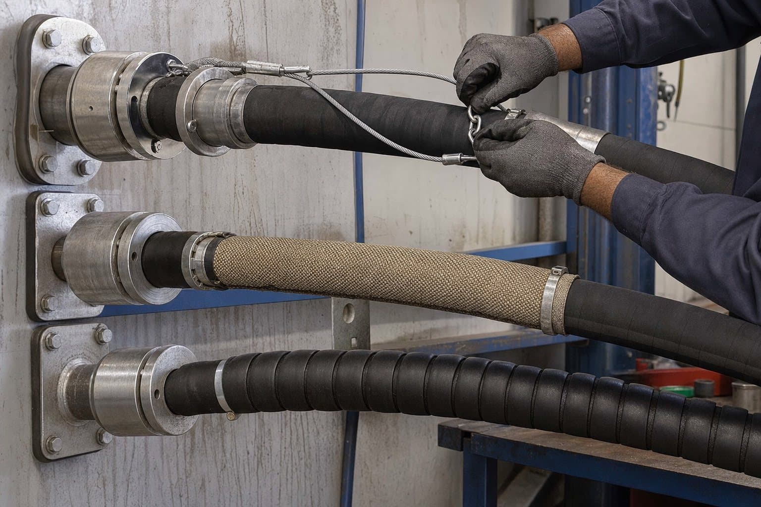 Three protected hose lines side by side: a steel whip-check cable across a coupling, a woven burst sleeve, and a spiral abrasion guard