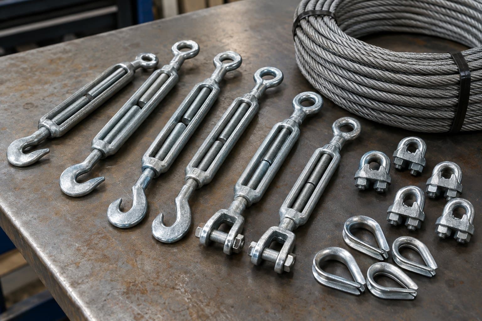 Galvanized open-frame turnbuckles with hook, eye and jaw ends on a workbench beside wire rope, clips and thimbles