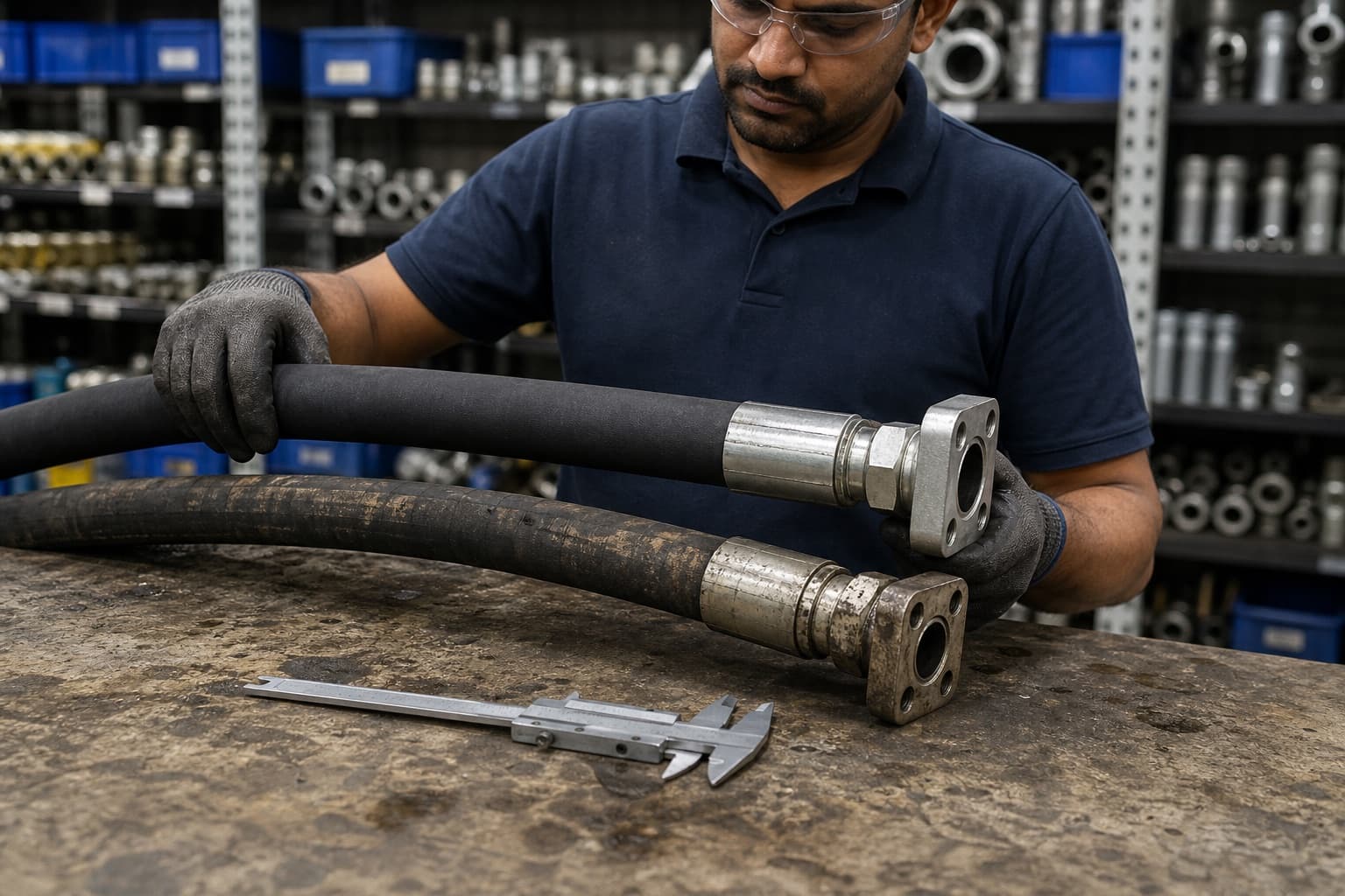 A staff member at a trade counter comparing a customer’s oil-stained hose assembly against a new one, calipers to hand