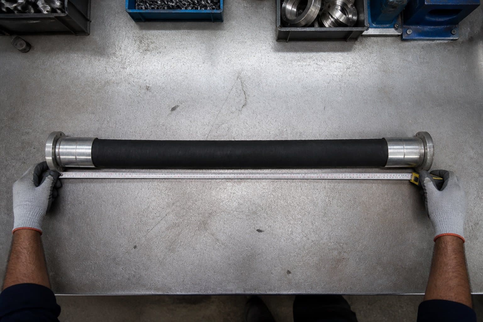 A hydraulic hose lying straight on a bench with a steel tape stretched from one sealing face to the other