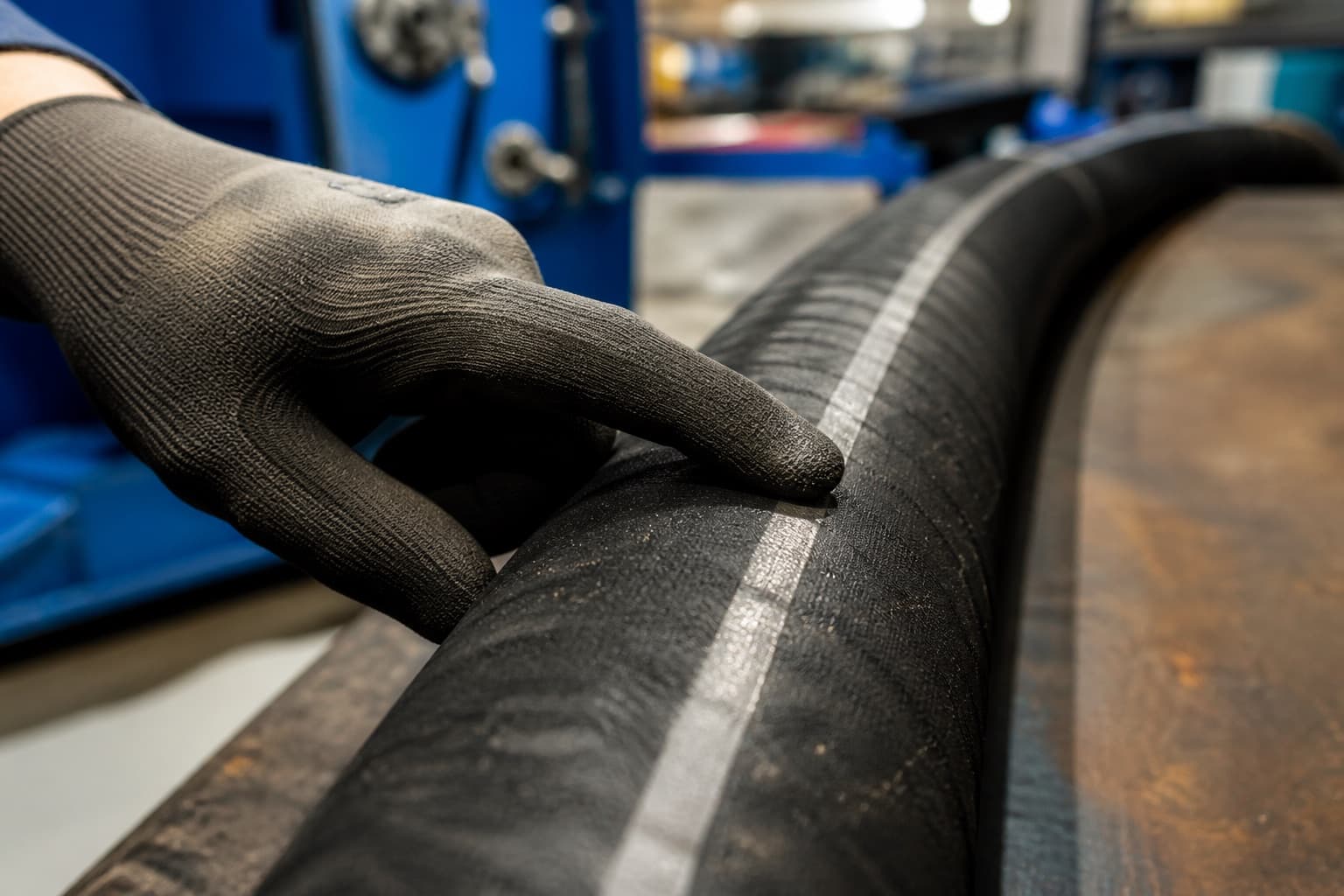 Raking light along the cover of a hydraulic hose, the printed lay-line catching as a raised pale ribbon running away into soft focus