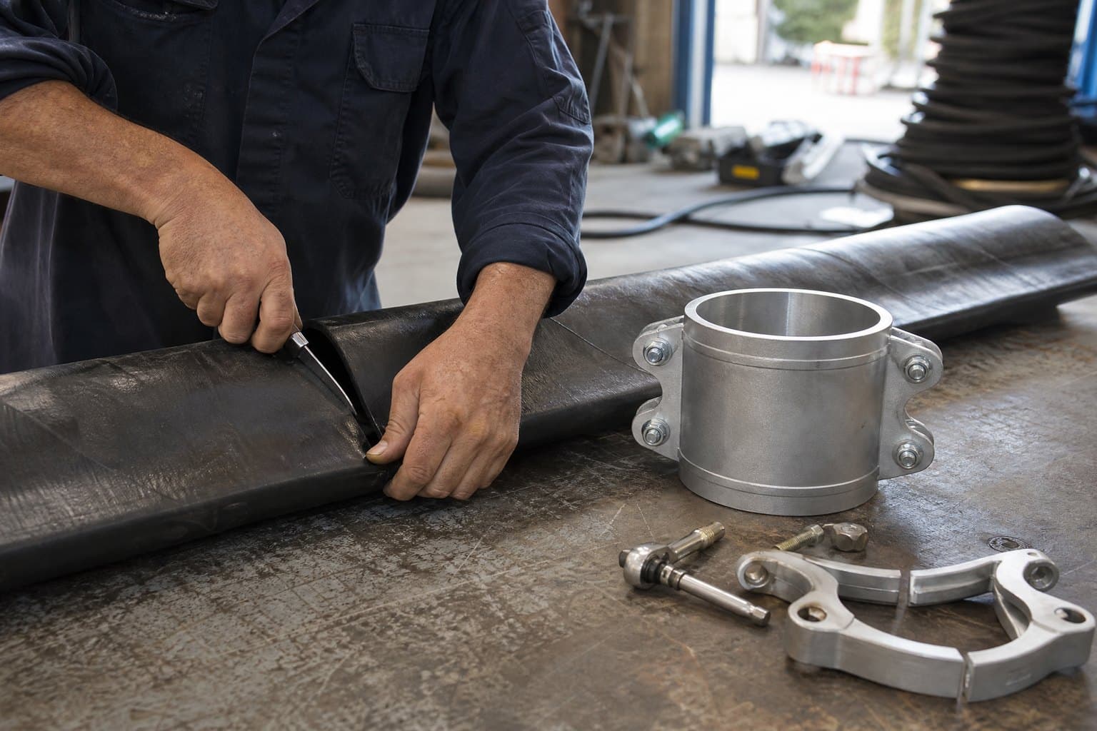Technician cutting a damaged section from a black lay flat hose beside an aluminium coupling and clamp halves