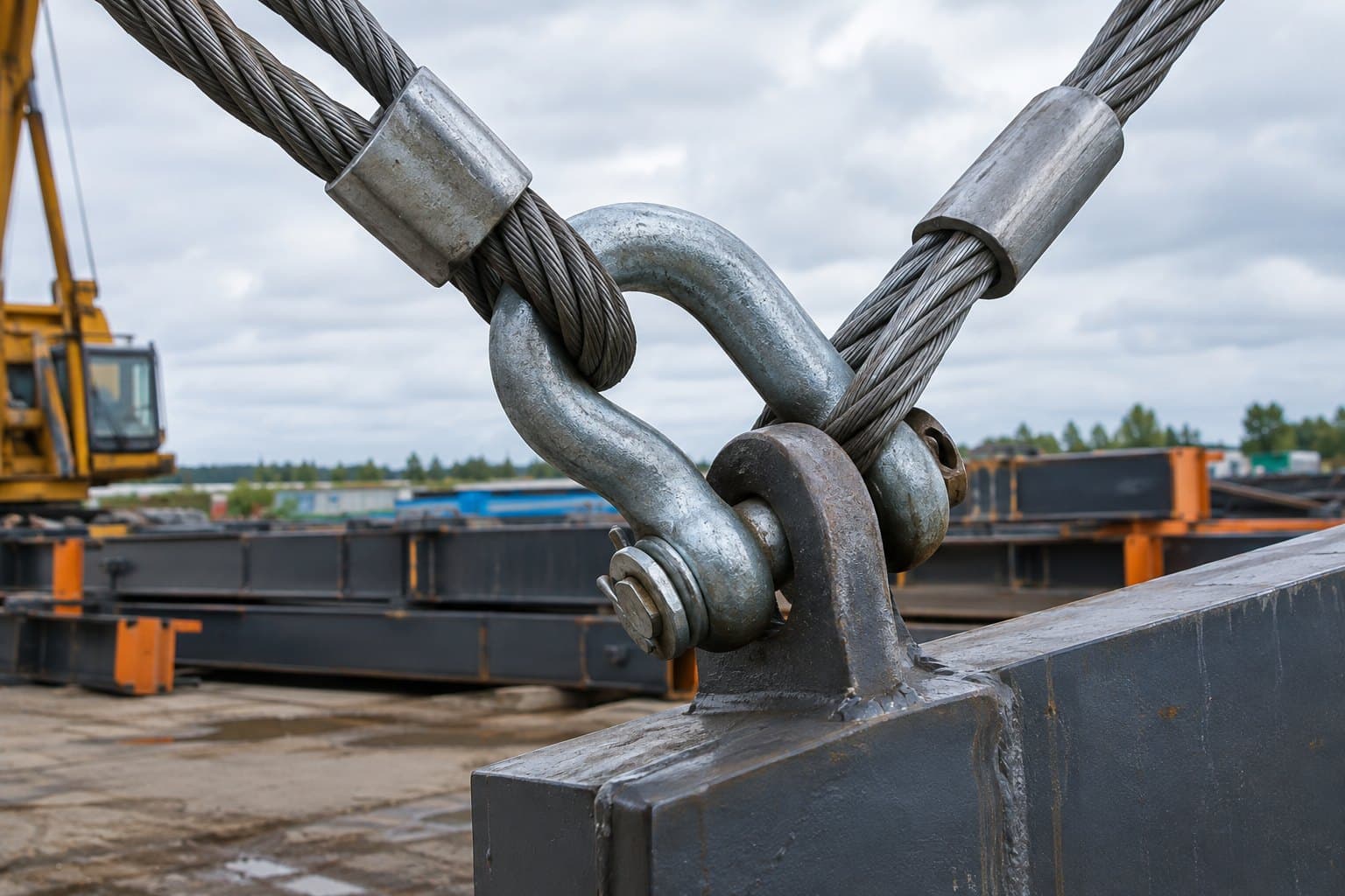 Bow shackle with its pin through a steel lifting lug and two wire rope sling legs gathered in the bow during a lift