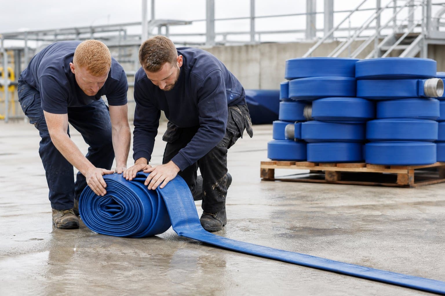 Two workers rolling blue lay flat hose into a flat coil in a yard, rolled coils stacked on a pallet behind