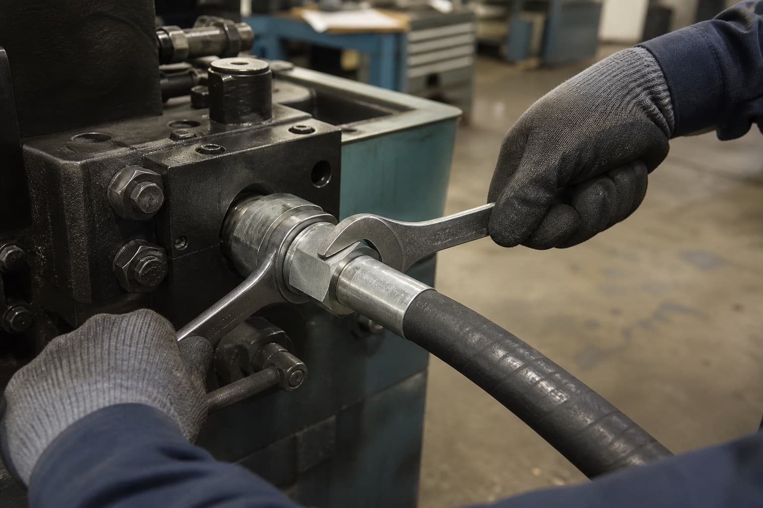 Two spanners working one hydraulic joint in opposition, one holding the adapter body while the other turns the union nut