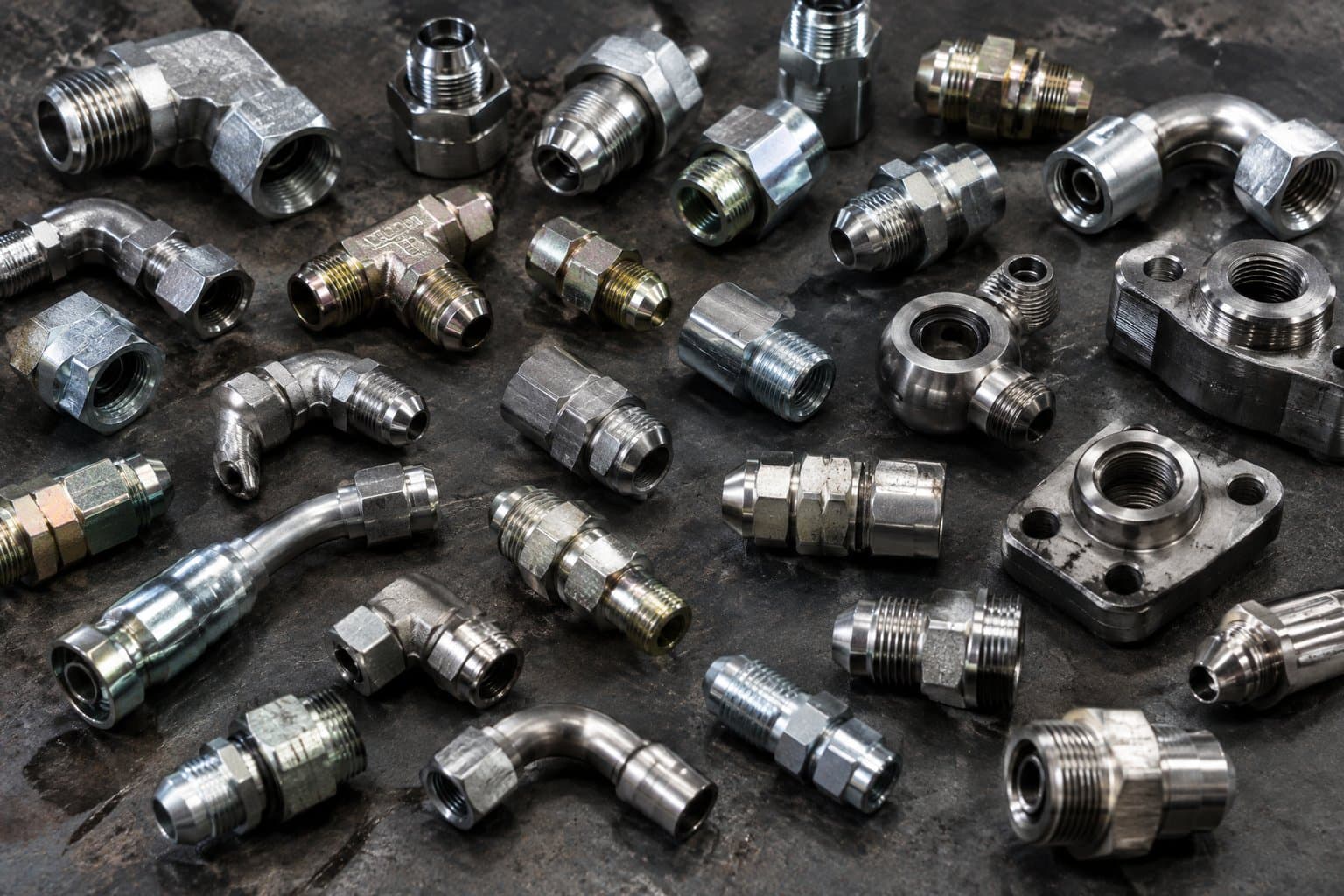 A flat-lay of many hydraulic fittings and adapters across thread families
