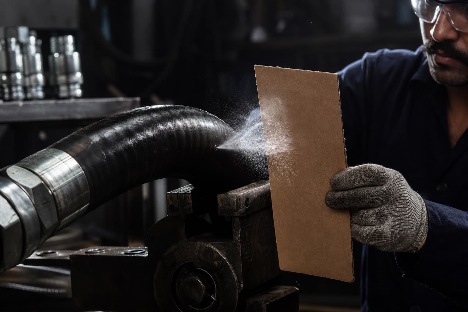 A fine jet of fluid escaping a pinhole in a pressurised hydraulic hose, located safely with a piece of cardboard held well clear