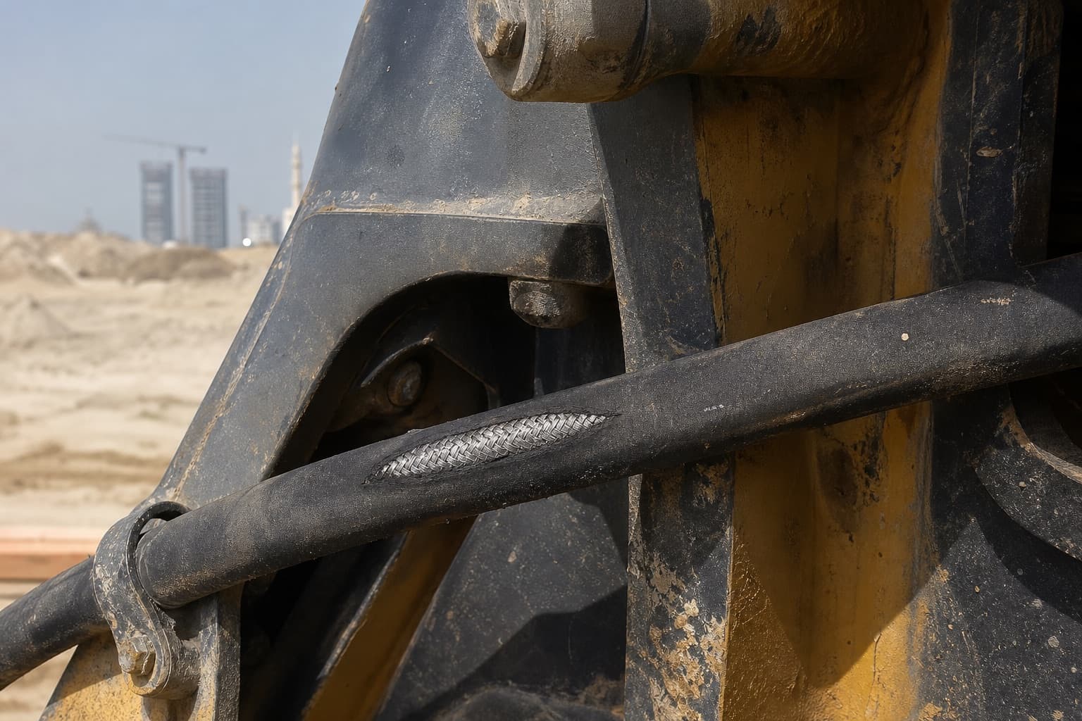 A hydraulic hose worn through its cover against a sharp steel edge on a machine frame, silver reinforcement braid showing at the flat