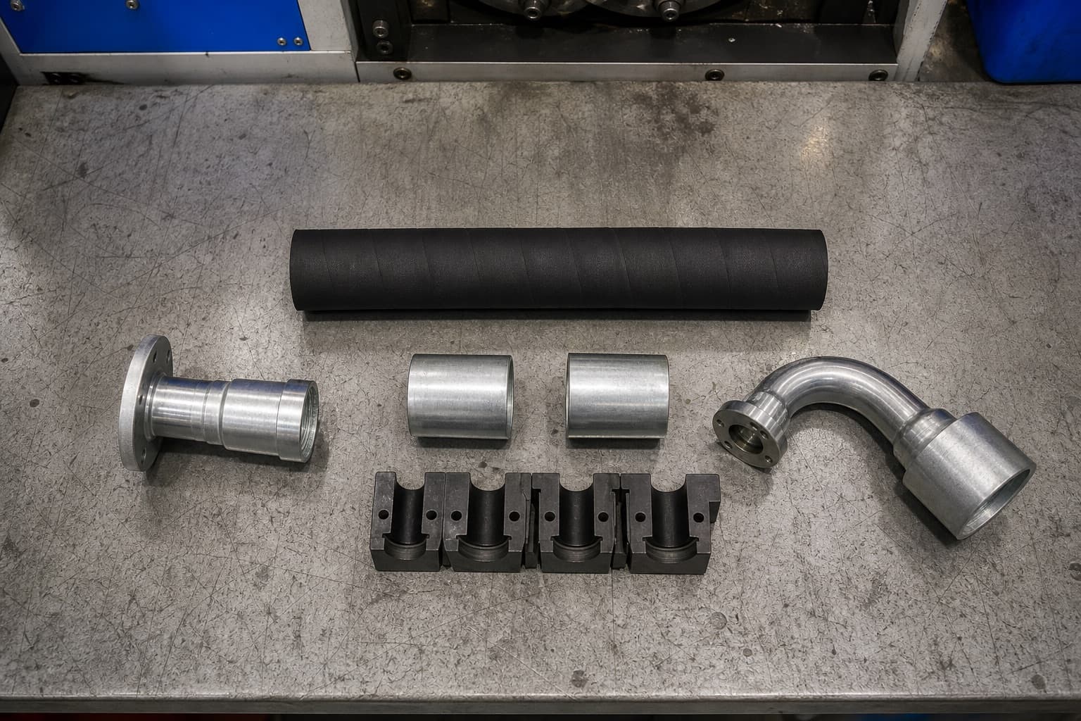 An assembly bench from above with a cut hose length, two fittings, two ferrules and a set of crimp dies laid out ready to build