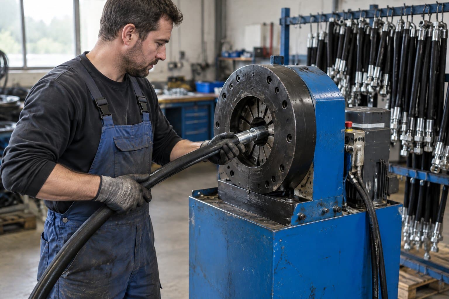 A technician feeding a hydraulic hose and fitting into a crimping machine, finished hose assemblies hanging on a rack behind