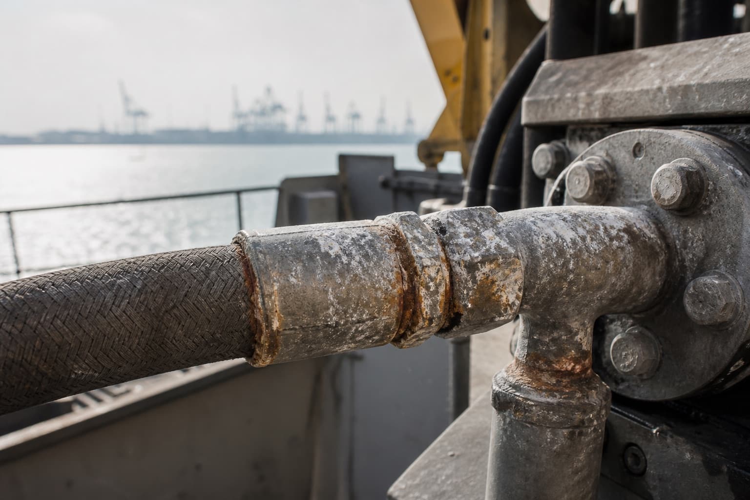Hydraulic hose fittings at a coastal port pitted with white salt bloom and rust creeping out from under the ferrule