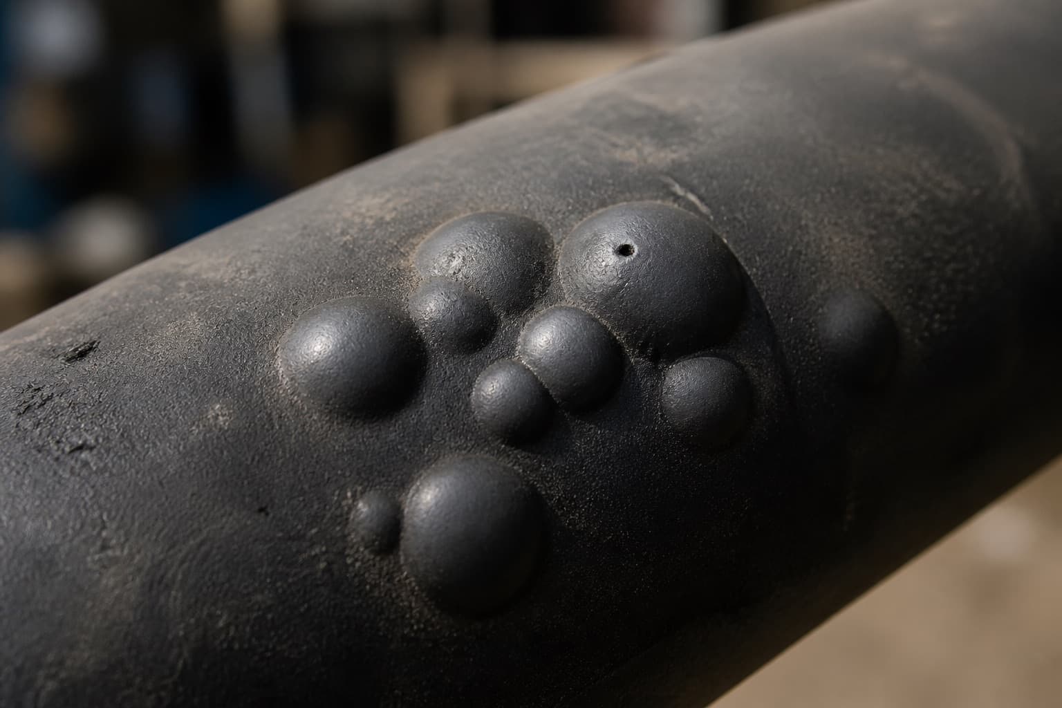 Macro of raised blisters swelling out of a black hydraulic hose cover, one with a pinhole at its crown