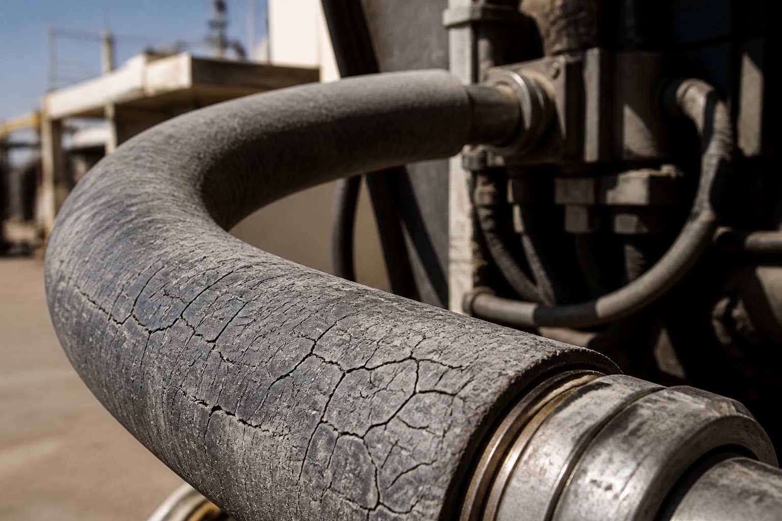 A sun-aged hydraulic hose cover crazed with a fine network of cracks, the black surface gone chalky grey