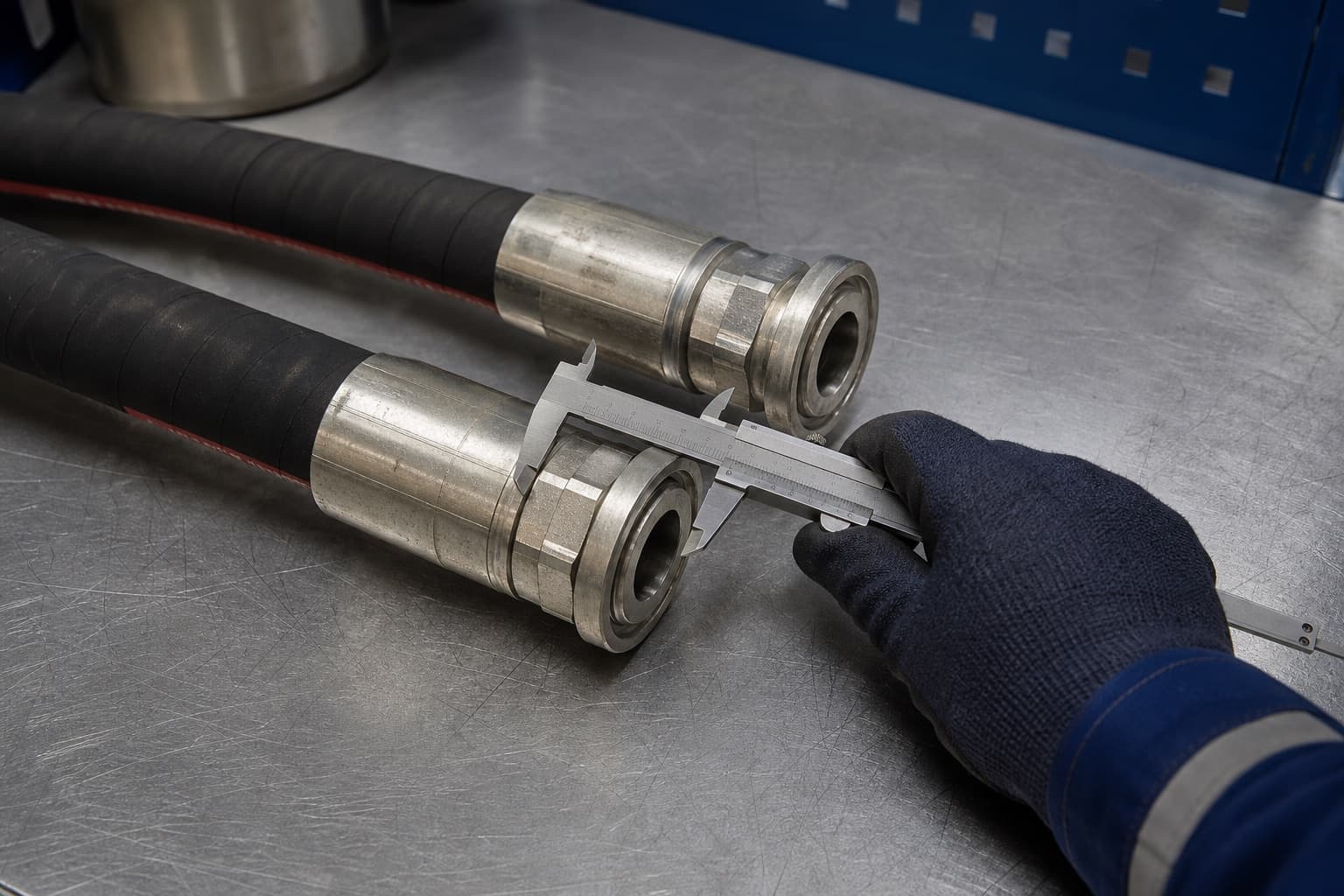 Two crimped hose ends side by side on a steel bench with a vernier caliper set across the flats of one ferrule