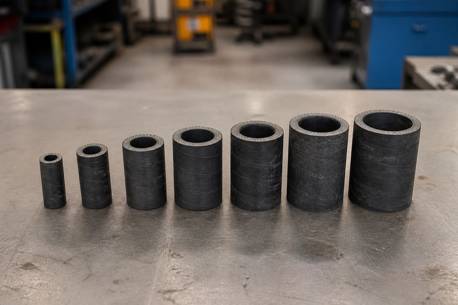 Seven cut hydraulic hose lengths stood on end in a line from smallest bore to largest, every open bore visible
