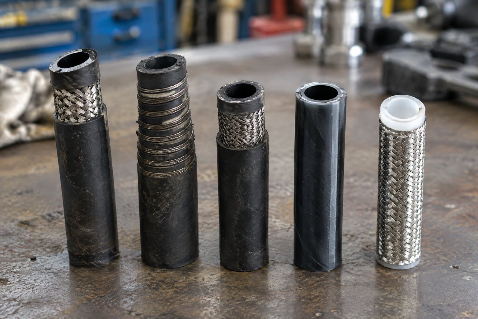 Cut hydraulic hose samples standing on a bench — braid, spiral, compact, thermoplastic and PTFE