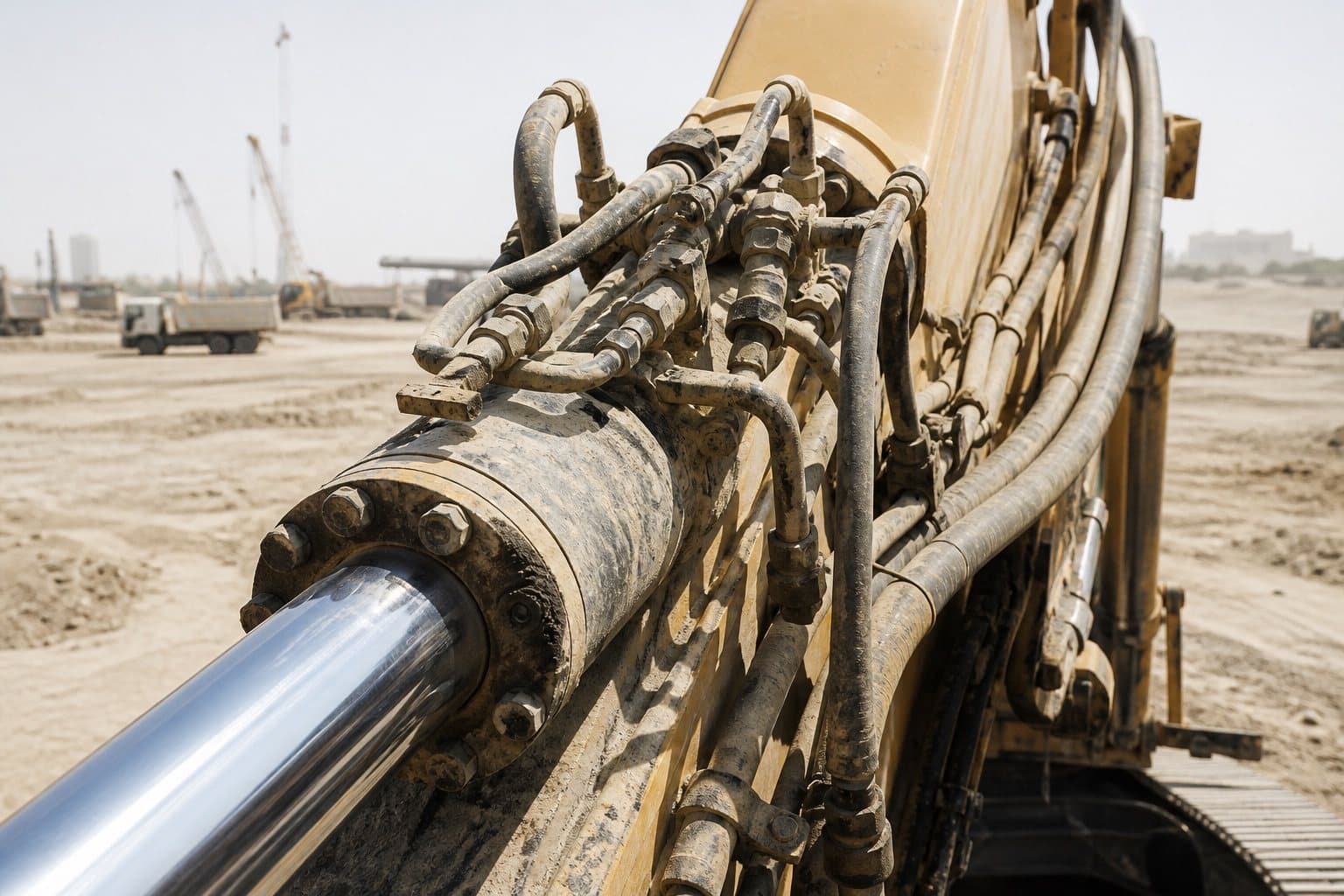 An excavator boom cylinder and its hydraulic hoses in an open desert yard at midday, heat shimmer distorting the air above the machine