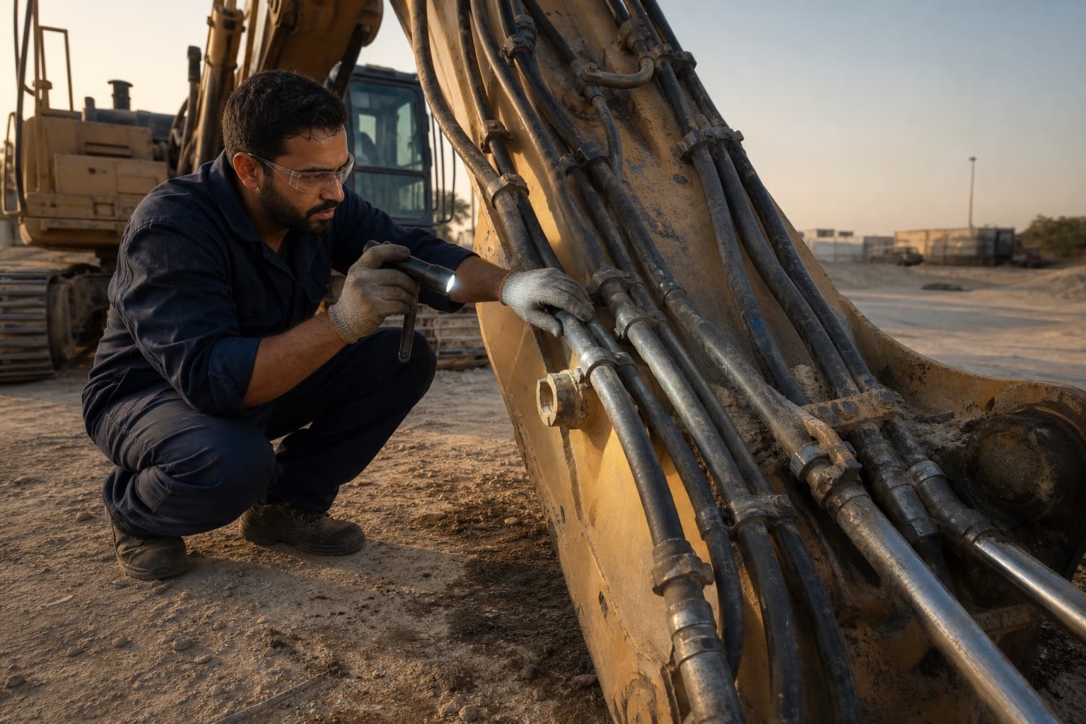 A technician using a torch to inspect the hydraulic hose runs along an excavator boom in a dusty yard at the end of the day