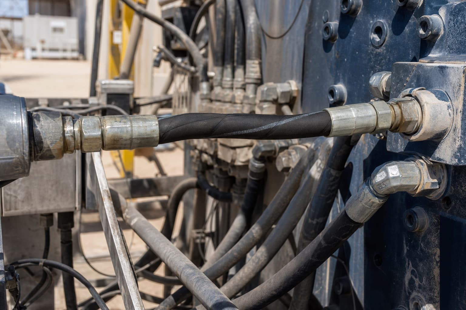 A hydraulic hose fitted between two machine ports with its printed line corkscrewing around the cover instead of running straight