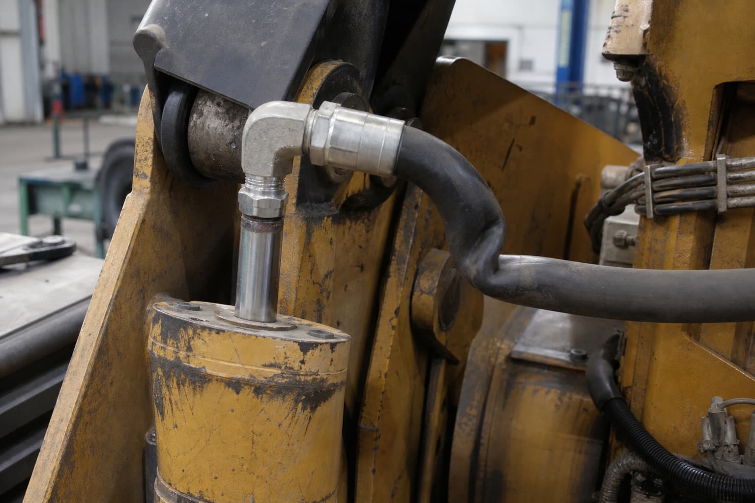 A hydraulic hose buckled into a sharp kink immediately where it leaves a straight fitting on a cylinder