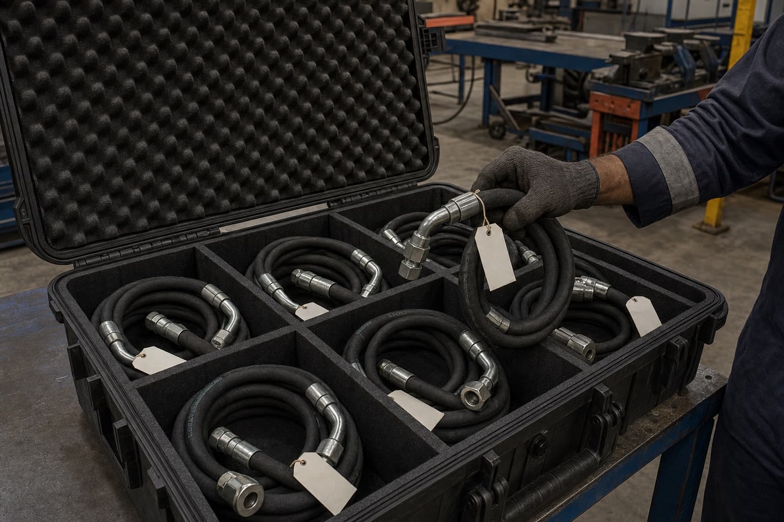 An open transport case packed with coiled and tagged hydraulic hose assemblies in divided compartments, a gloved hand lifting one out