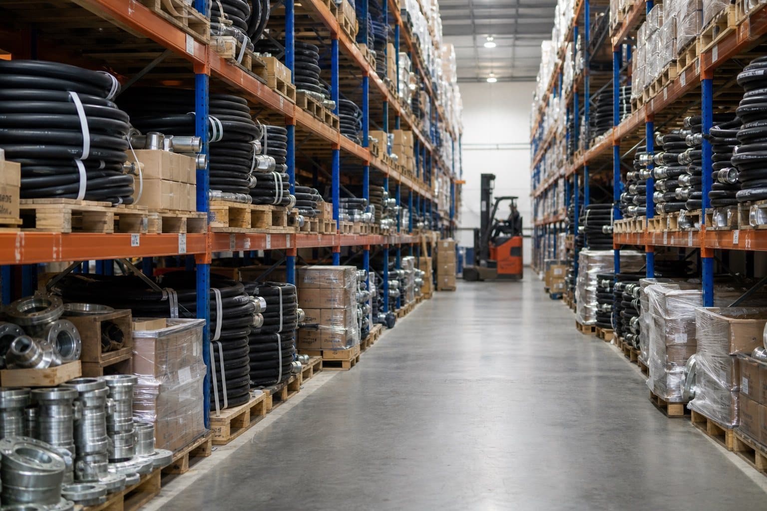 A distribution warehouse aisle of pallet racking stacked with hose reels, boxed fittings and shrink-wrapped export pallets