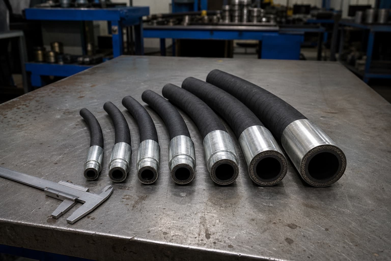 Seven lengths of the same hydraulic hose grade fanned out in ascending bore, cut ends towards the camera, on a workshop bench