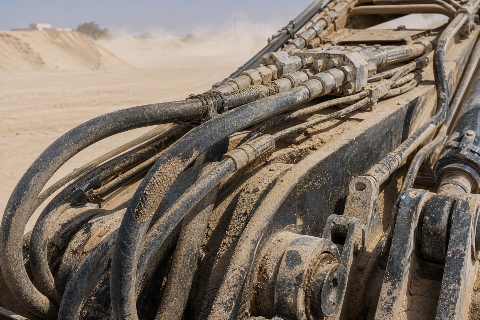 Hydraulic hoses on a machine arm coated in fine desert sand, one showing a scoured sand-blasted patch