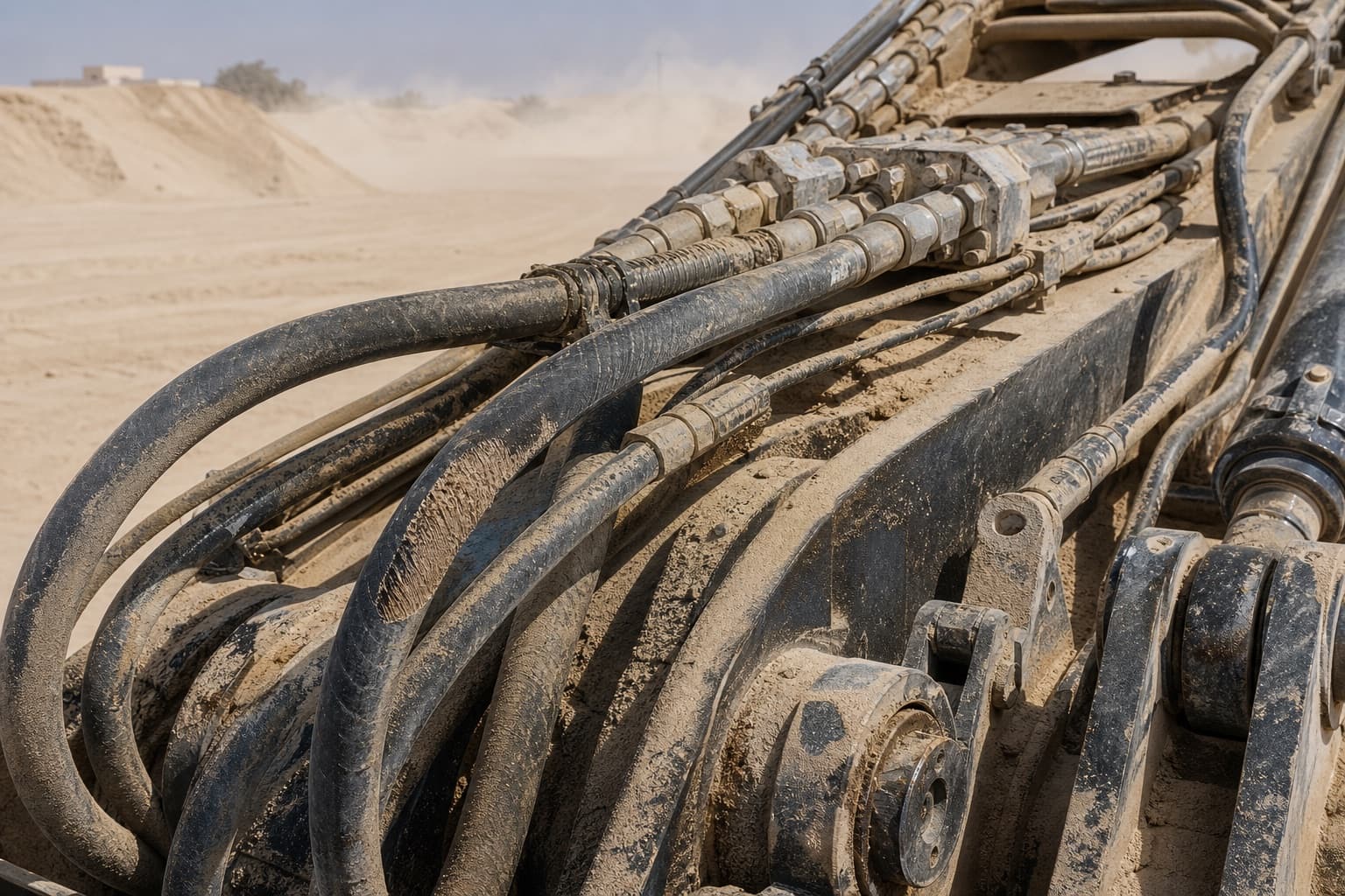 Hydraulic hoses on a machine arm coated in fine desert sand, one showing a scoured sand-blasted patch