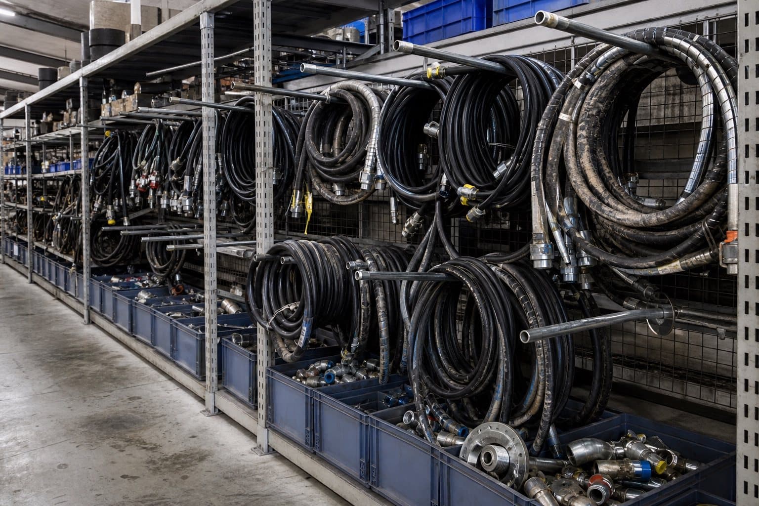 Coiled hydraulic hose assemblies hung and stacked on a warehouse stores rack, some coils bright and new, others visibly dusty