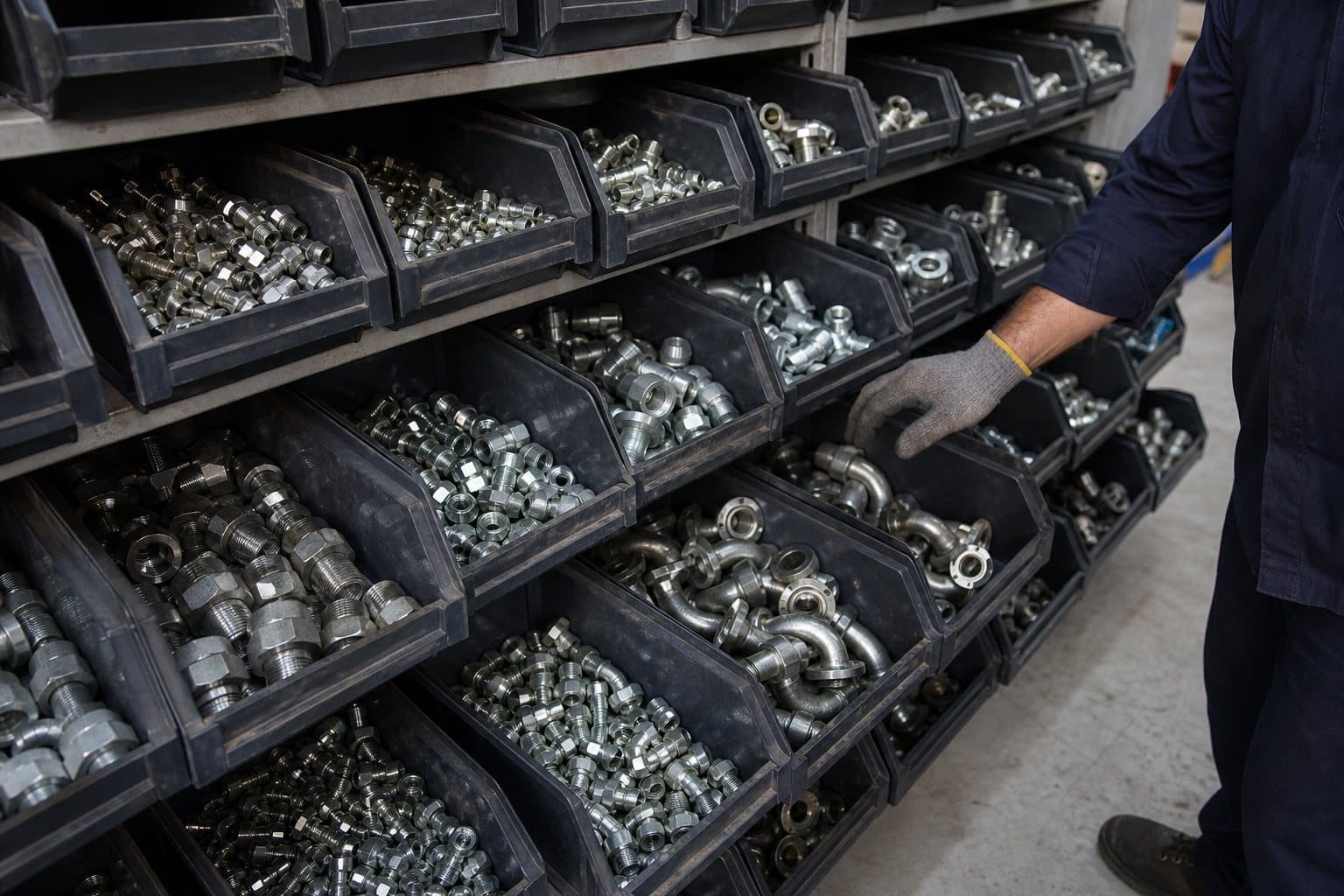 A wall of small parts bins in a stores area densely filled with steel hydraulic fittings sorted by type