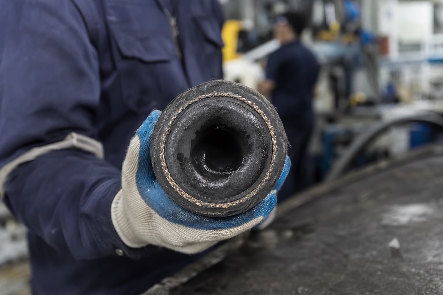 A cut length of hydraulic hose held to camera, its inner tube swollen soft and glossy and closing down the bore