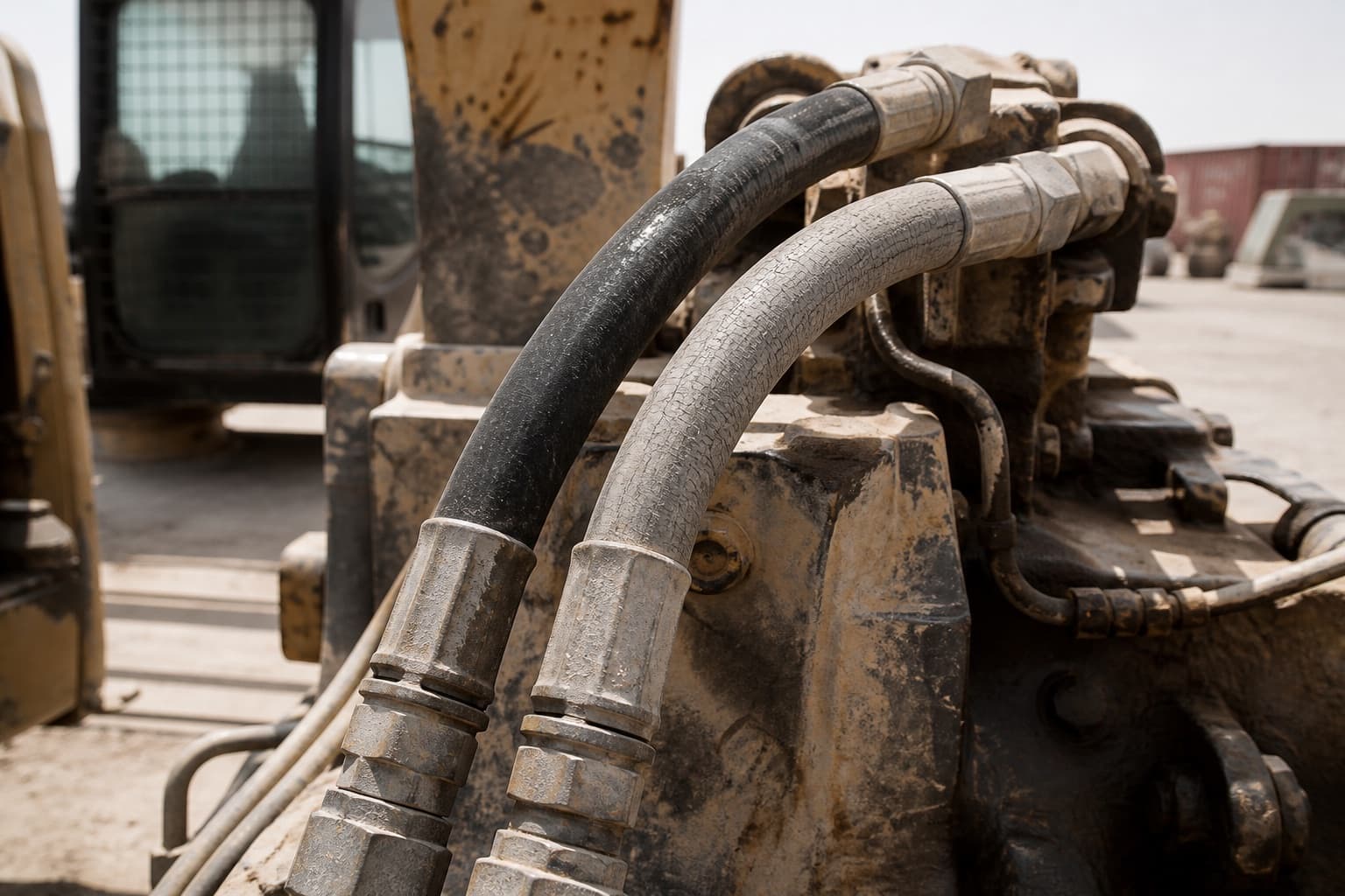 A sun-bleached hydraulic hose gone chalky grey and finely crazed fitted beside a newer black hose on the same machine