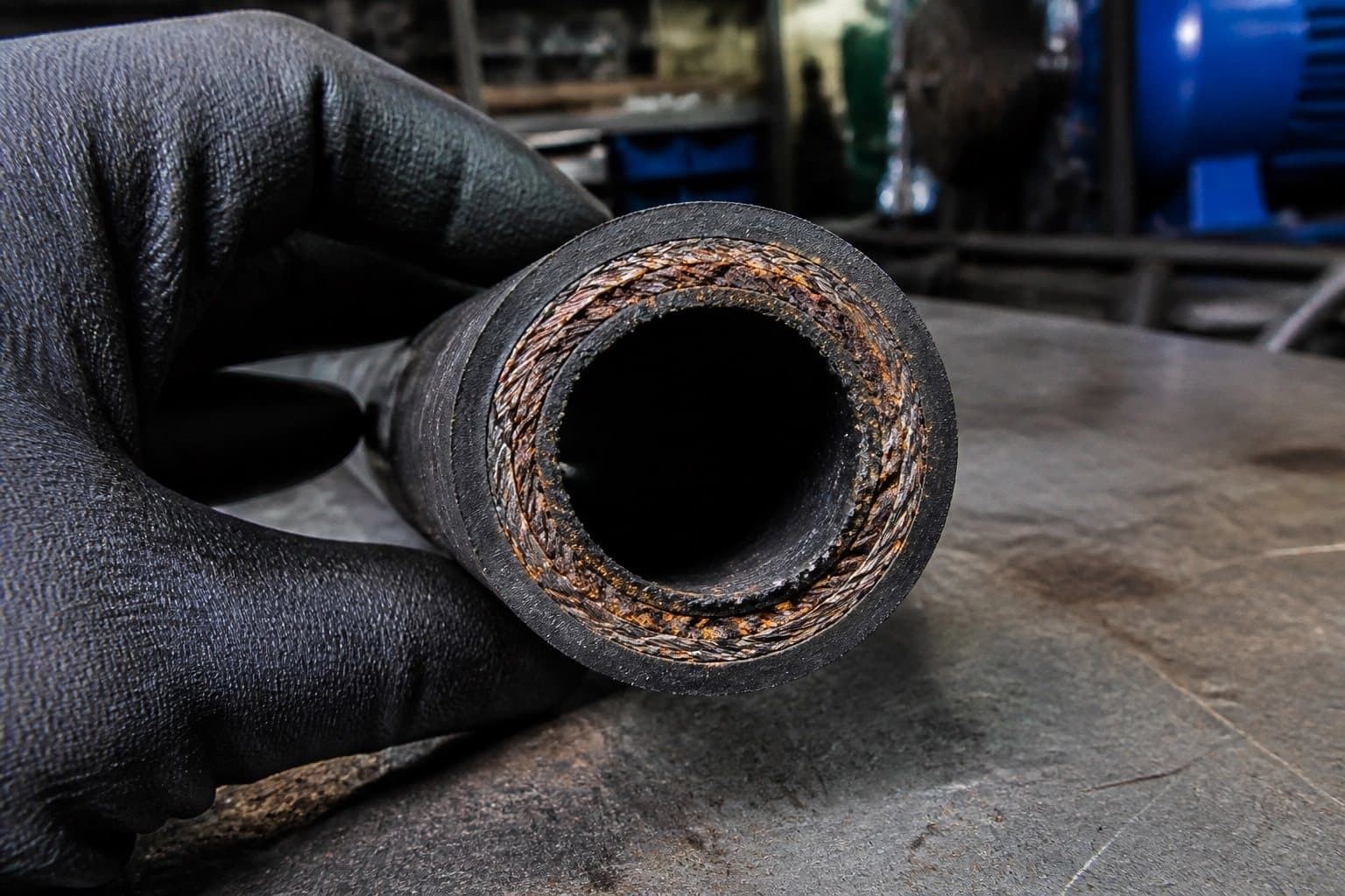 The cut end of a hydraulic hose with a sound outer cover but rust-orange, pitted reinforcement wire inside