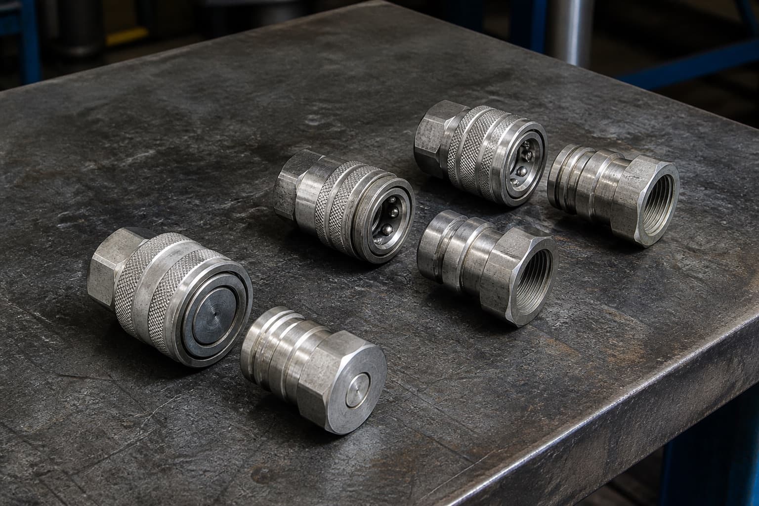 Hydraulic quick coupler halves arranged on a steel bench, showing flush flat faces, recessed poppets and a threaded collar side by side