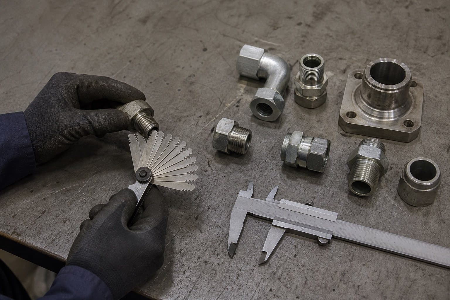 A bench identification station with thread pitch gauges fanned open, a vernier caliper and an array of steel hydraulic fittings
