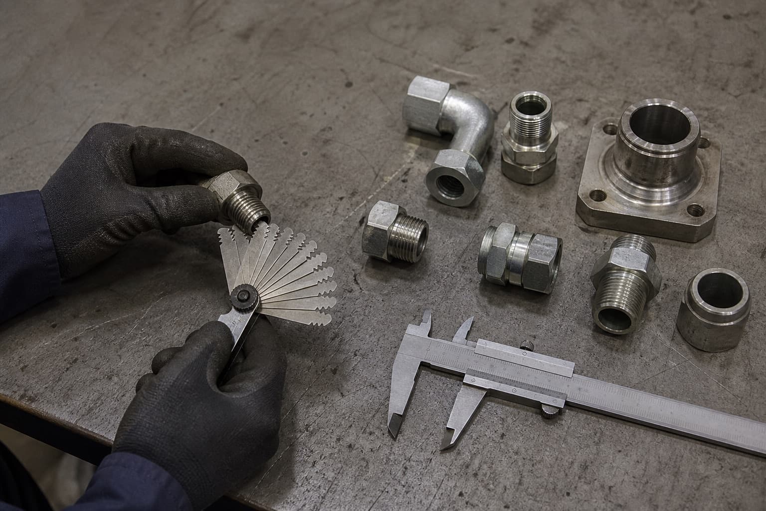 A bench identification station with thread pitch gauges fanned open, a vernier caliper and an array of steel hydraulic fittings