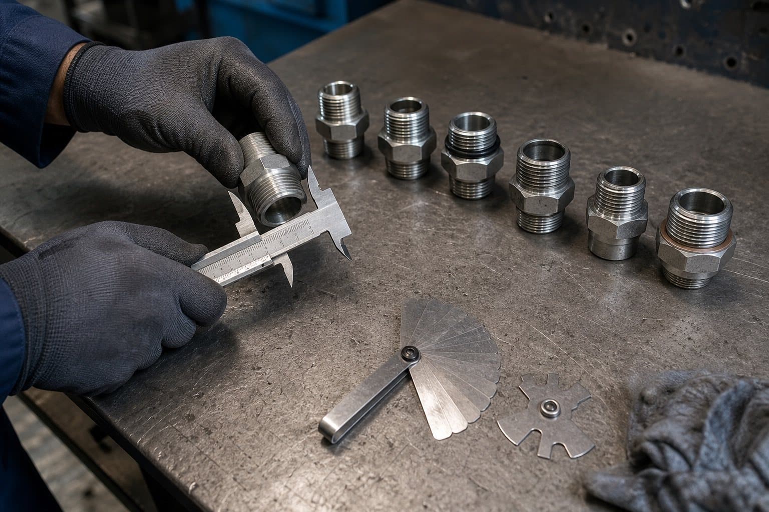 Technician measuring an unmarked hydraulic fitting with a vernier caliper, a thread pitch gauge and assorted adaptors laid out on the bench beside it