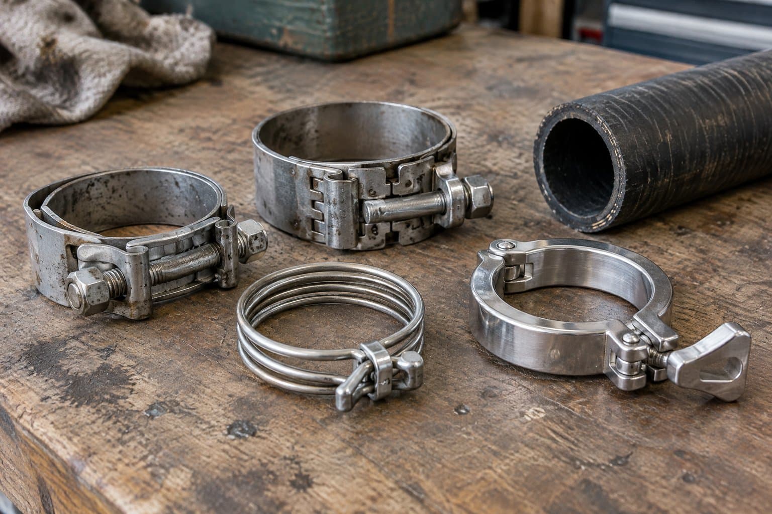 Industrial hose clamps on a bench: a safety clamp, an interlocking clamp, a spiral wire clamp and a sanitary clamp