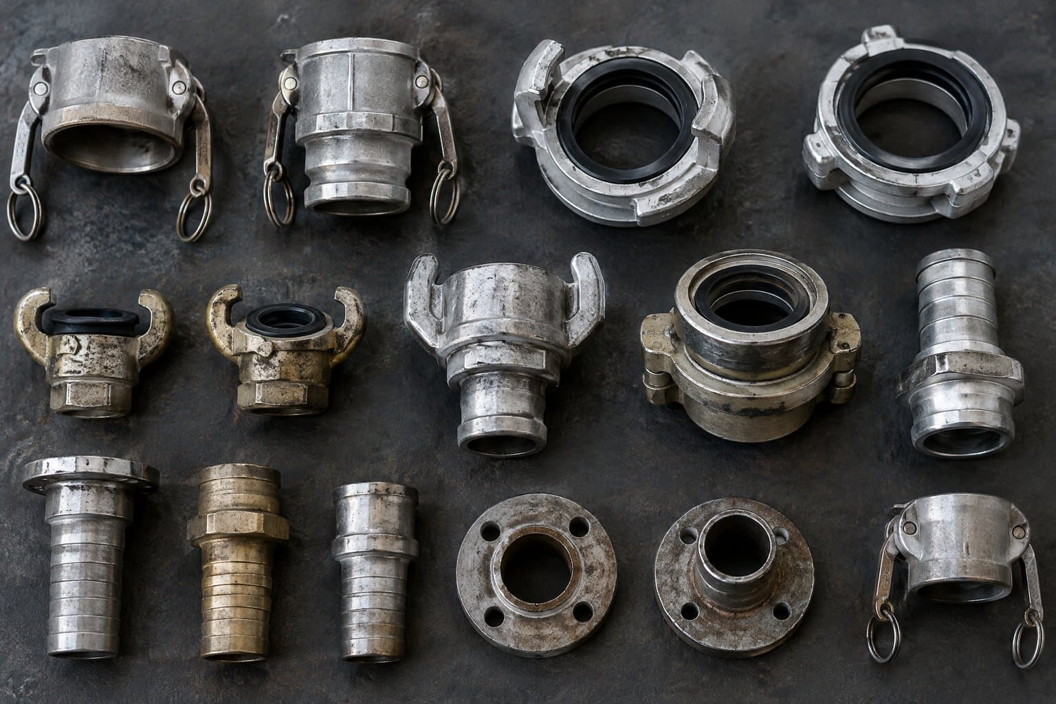 A grid of industrial hose couplings — cam and groove, Storz, claw, Bauer, ground joint, tails and flanges