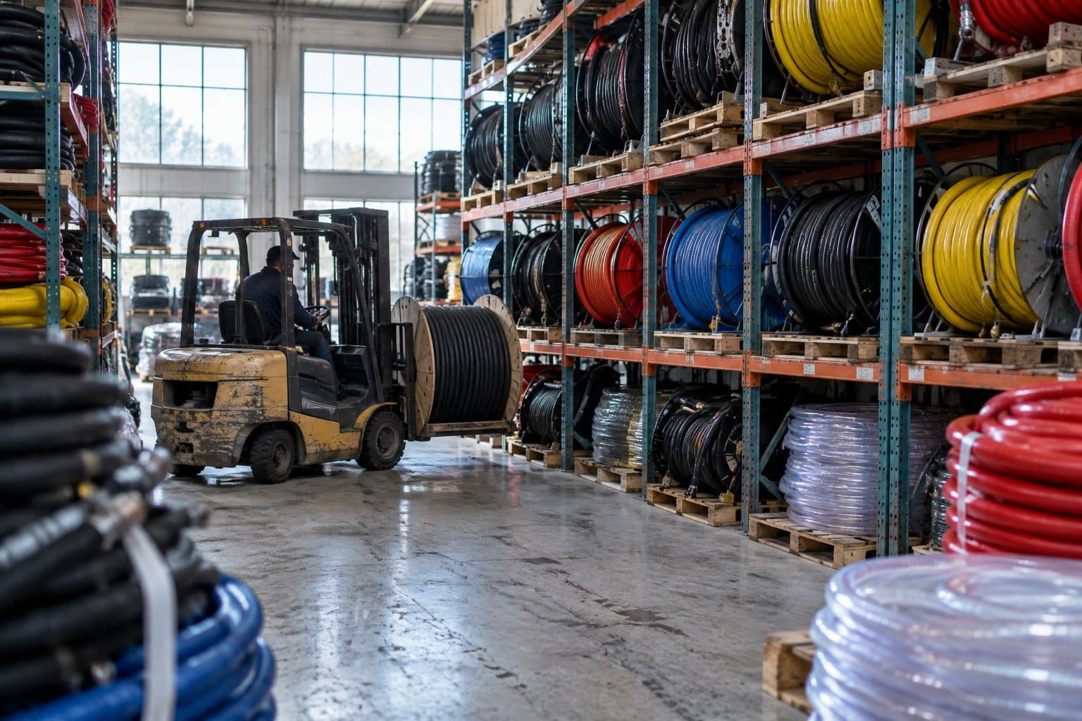Tall racks of industrial hose reels and coils in many colours in a hose warehouse