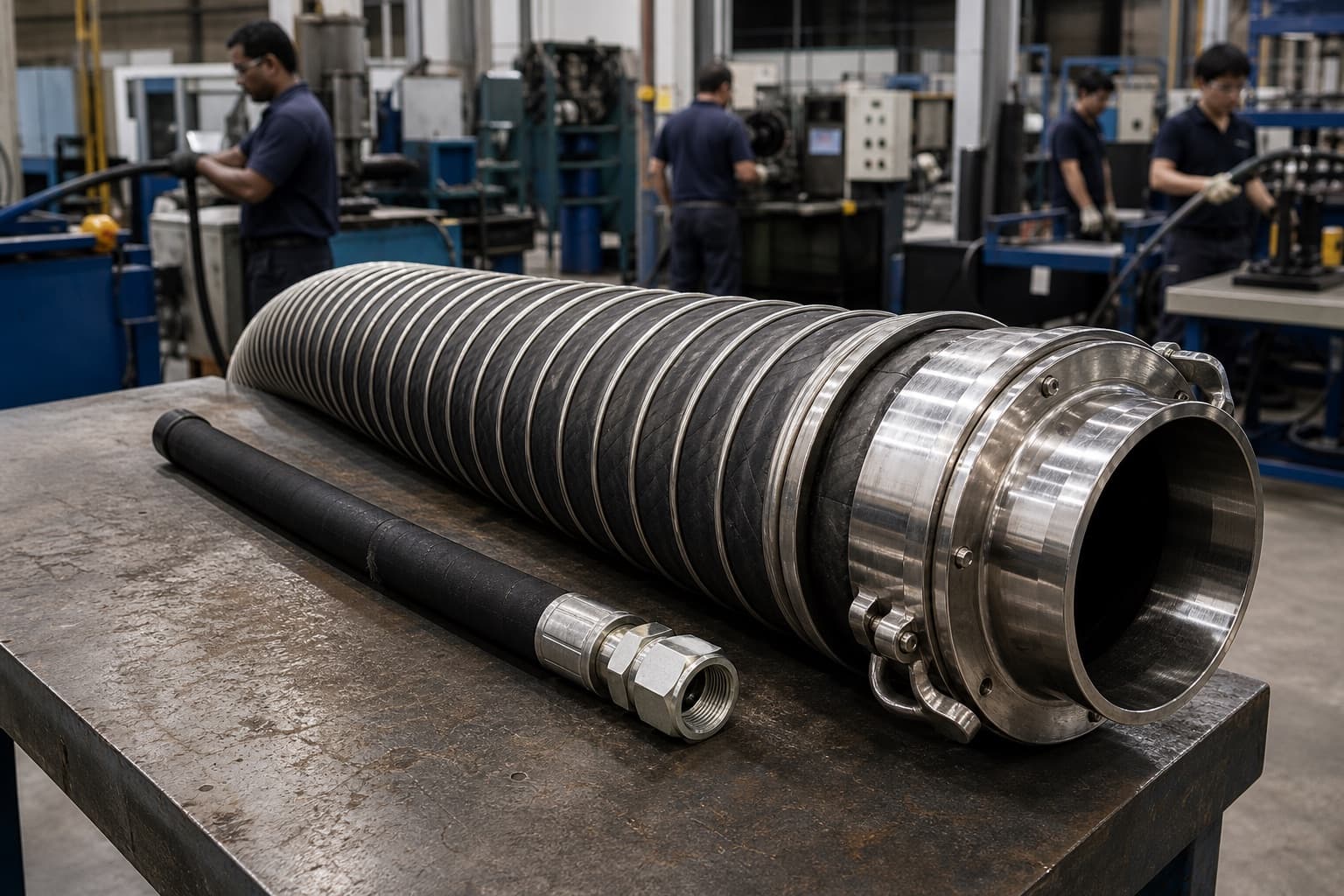 A small-bore wire braid hydraulic hose lying beside a large composite suction hose with helix reinforcement and a stainless coupling