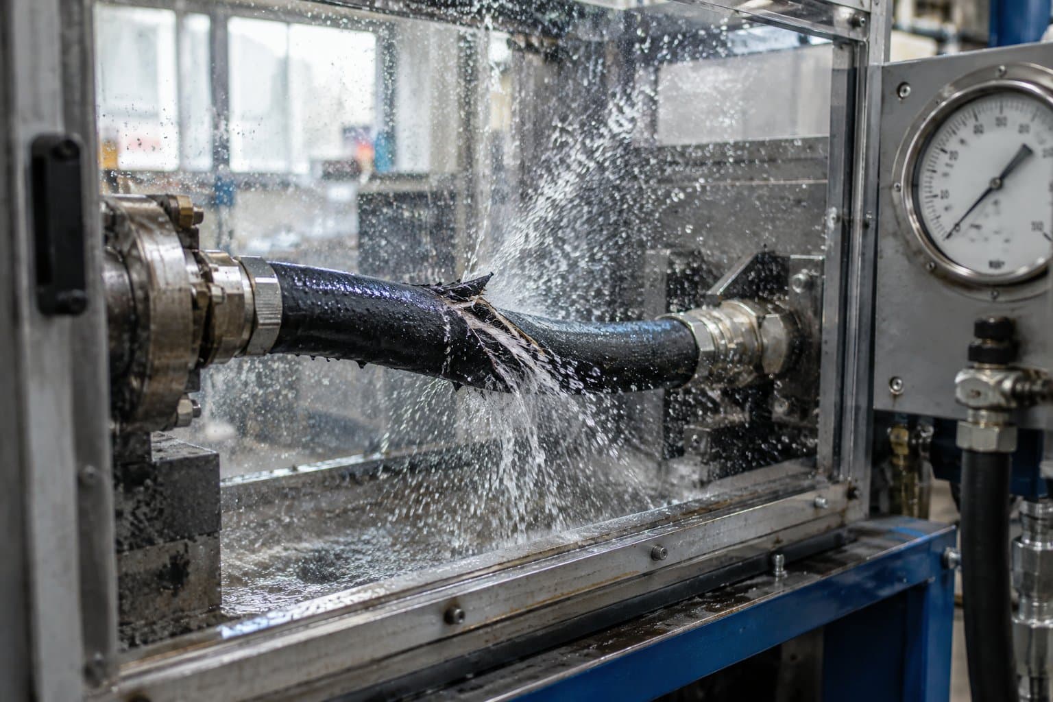 An industrial hose split open under burst test inside a protective chamber