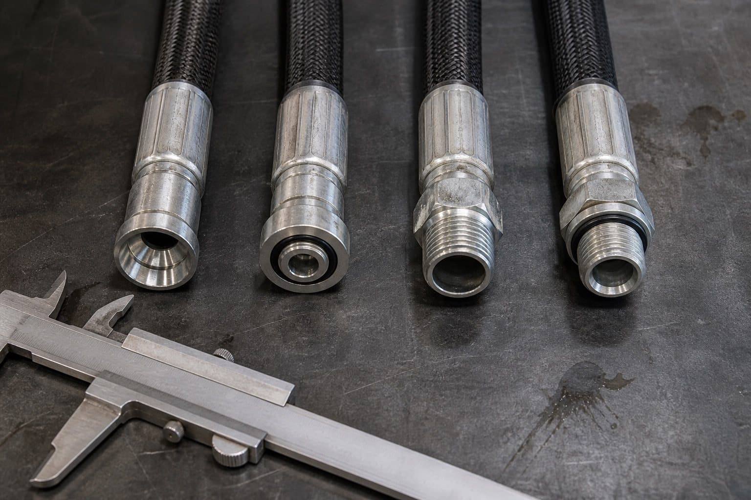 Four hydraulic hose ends in a row showing a 37-degree cone seat, a flat face with O-ring, a tapered pipe thread and a parallel thread